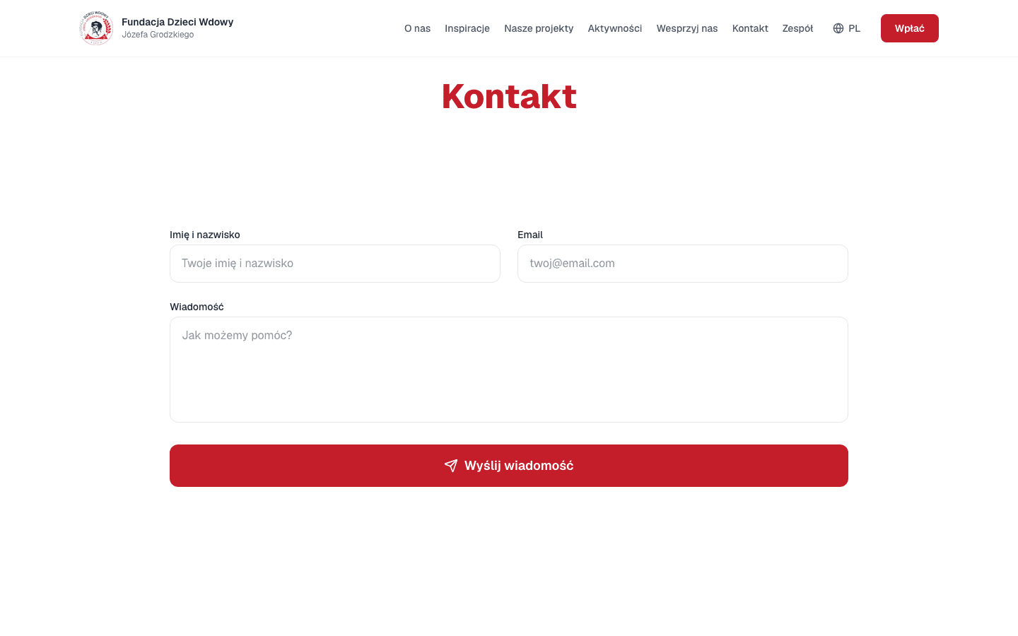 Fundacja Dzieci Wdowy contact form with name, email, and message fields