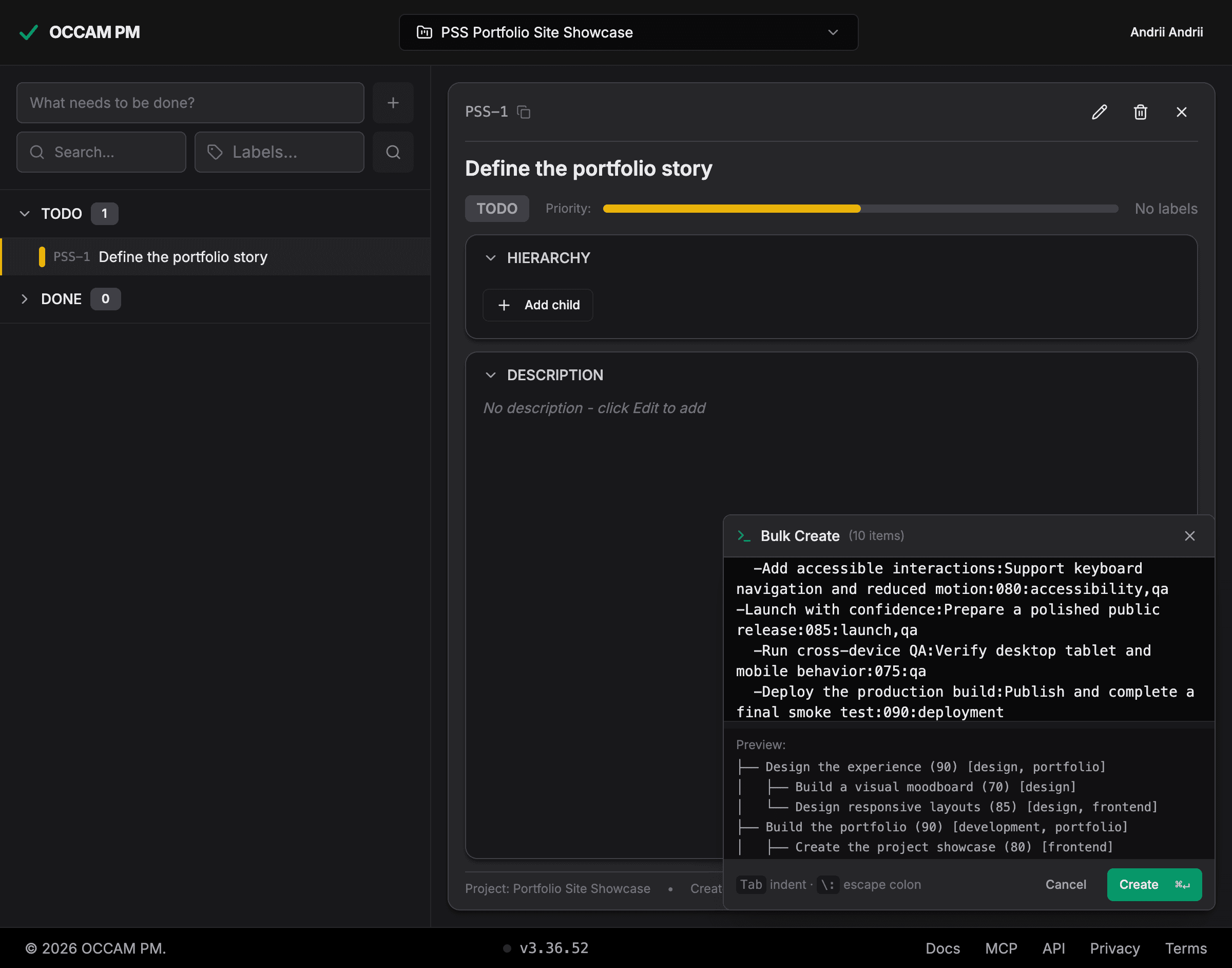 OCCAM PM bulk-create panel previewing a nested project plan