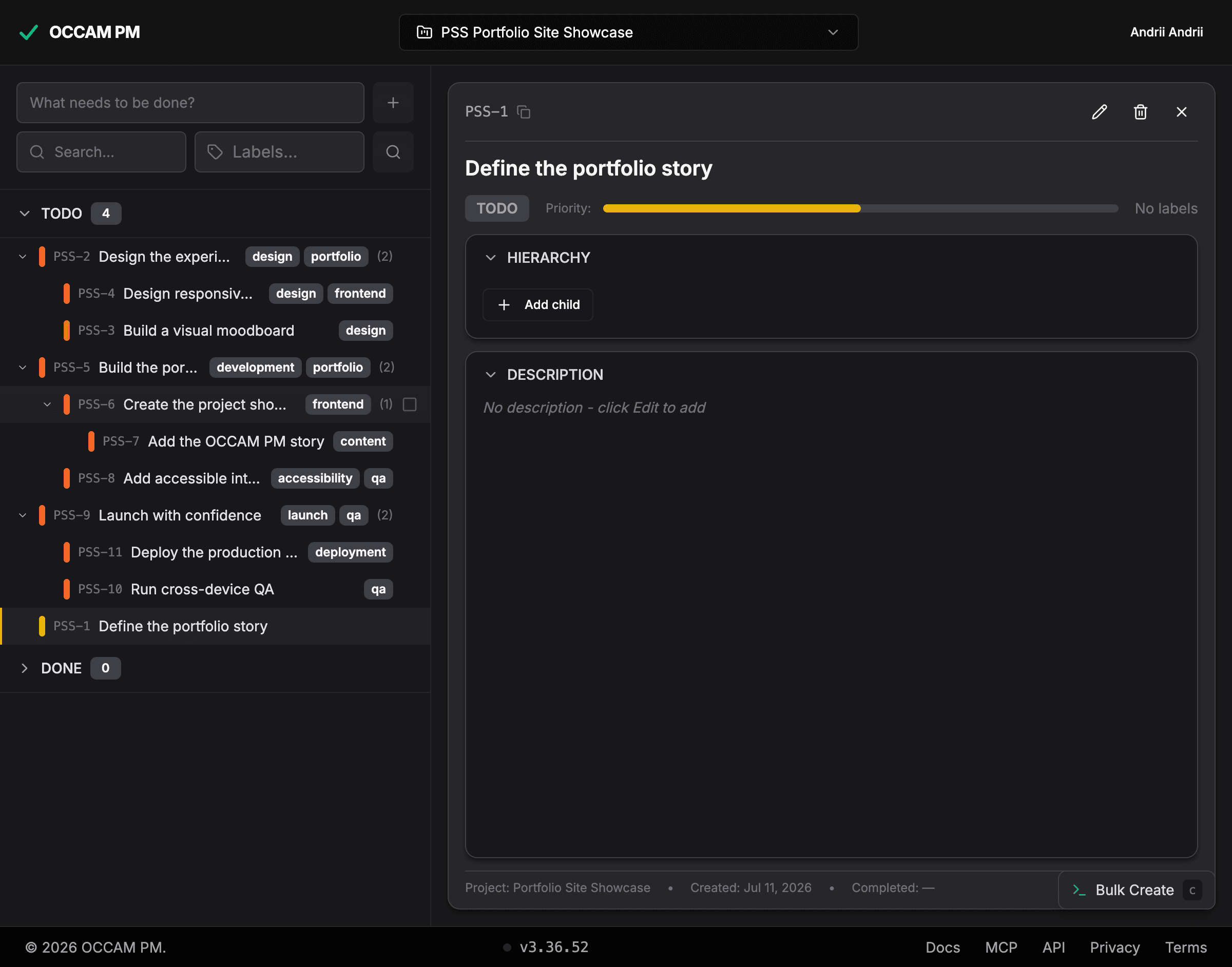 OCCAM PM showing an expanded nested task hierarchy