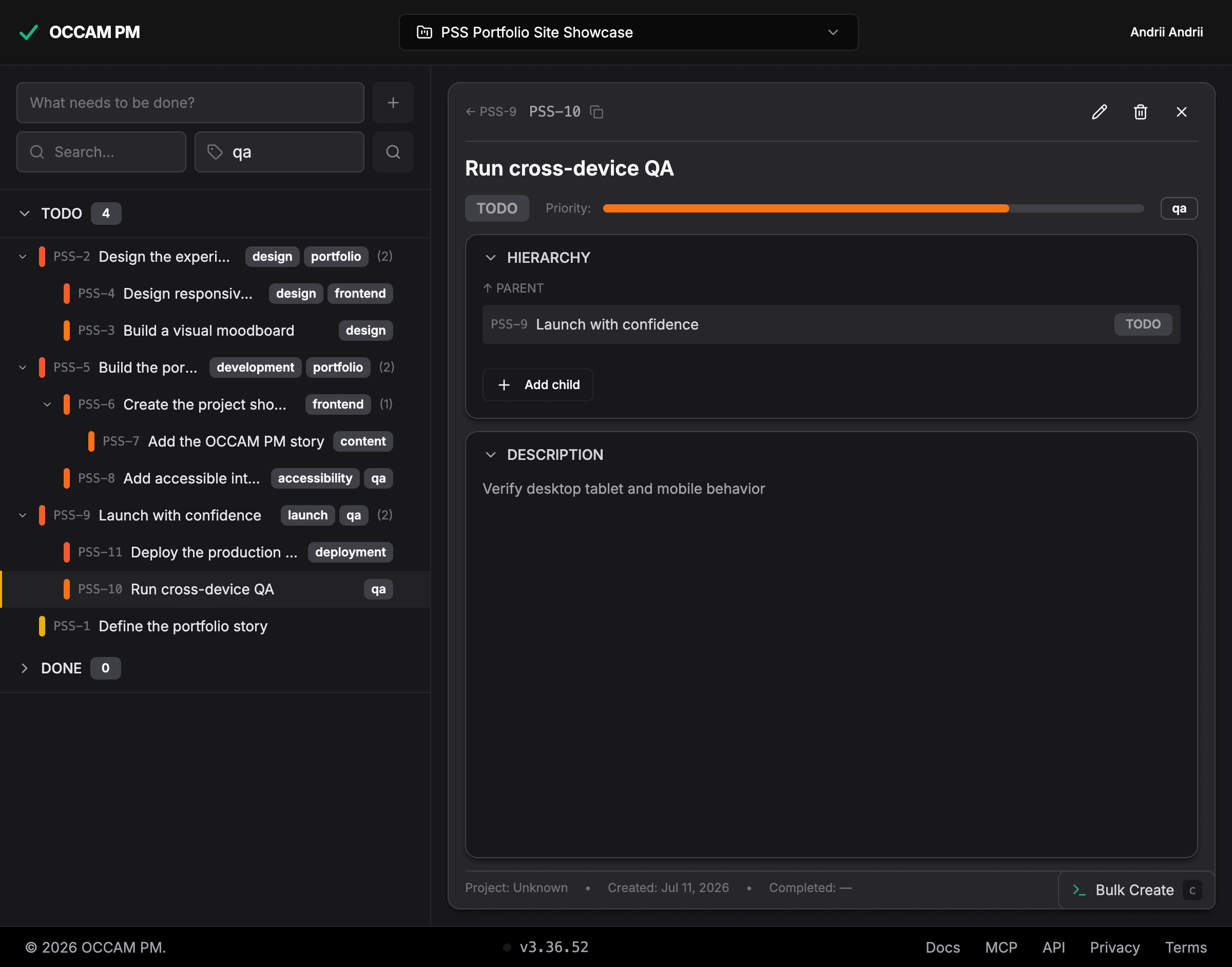 OCCAM PM filtered QA task view