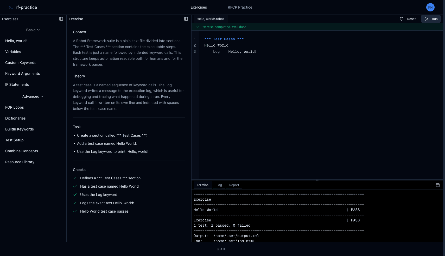 RF Practice exercise editor with a passing Robot Framework run in the terminal