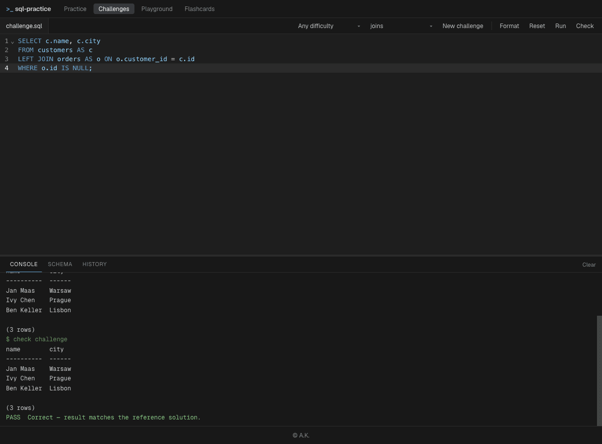 SQLDojo challenge solution returning customers with no orders and a passing result
