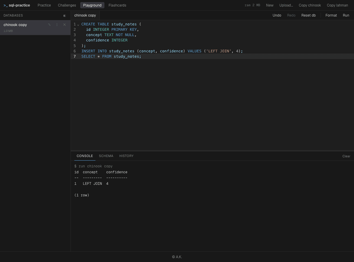 SQLDojo playground creating and querying a study notes table